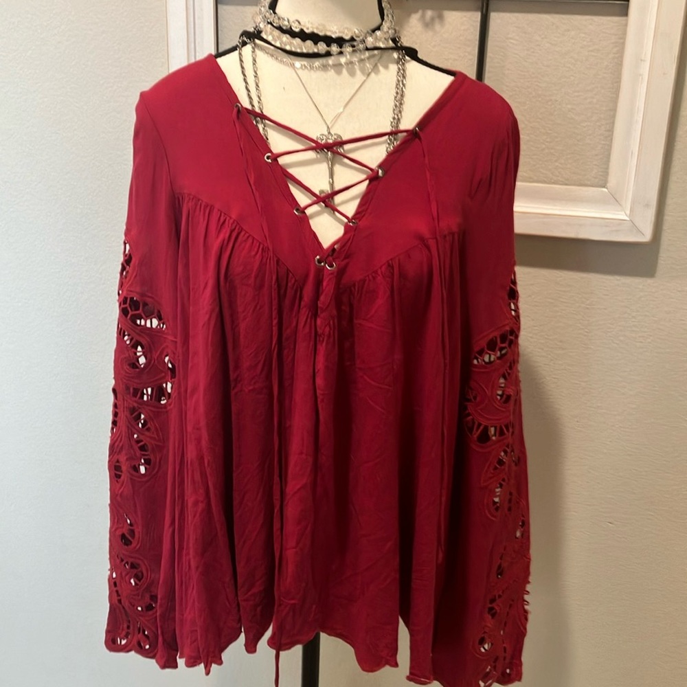 Red Bell Sleeve Tunic with Tie Front